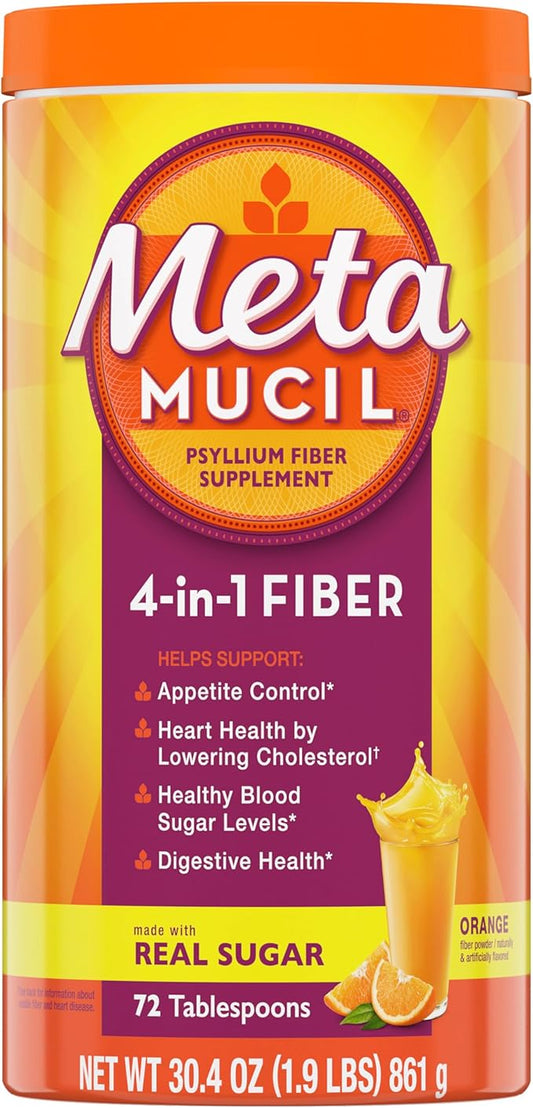Metamucil Fiber, 4-in-1 Psyllium Fiber Supplement Powder with Real Sugar, Orange Smooth Flavored Drink, 72 Servings (Packaging May Vary), Coarse Texture, 1.9 Pound (Pack of 1)