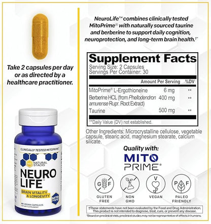 NeuroLife Longevity Supplement - 500mg Taurine & 400mg Berberine Supplement - Clinically Tested MitoPrime L-Ergothioneine - Brain Support for Cognitive Vitality - 60 Berberine Capsules