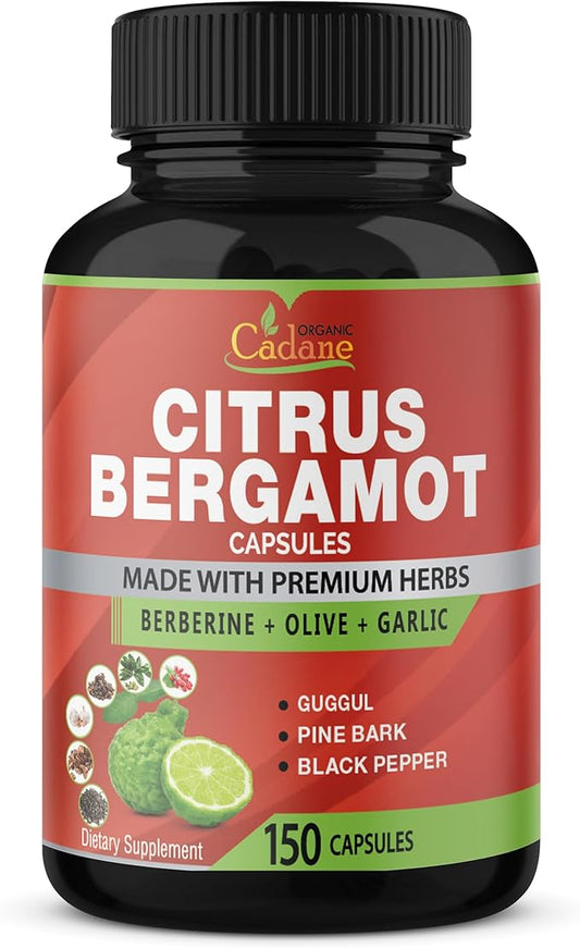 Organic Cadane Citrus Bergamot Supplement Capsules with Berberine, Olive, Guggul, Garlic, Pine Bark, Black Pepper - 150 Caps for 5 Months Supply
