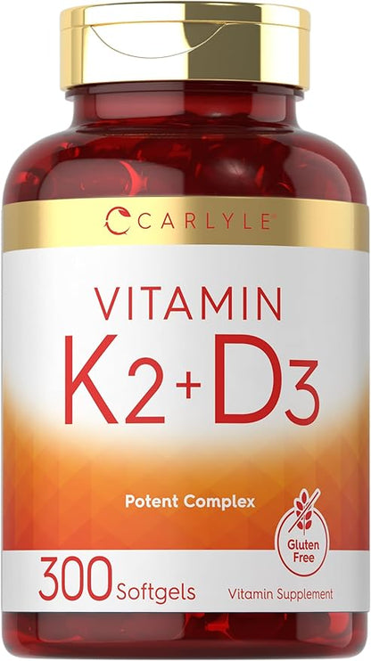 Carlyle Vitamin K2 and D3 Supplement | 300 Softgels | 200mcg K2 MK7 & 10,000 IU D3 | Non-GMO, Gluten Free