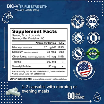 Big-V Triple Strength Vanadyl Supplement: Vanadyl Sulfate 30 mg, Taurine 600 mg, Selenium, Chromium and Niacin, Blended Mineral Supplement Capsules 90 ct
