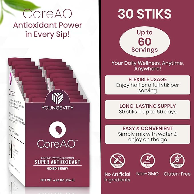 CoreAO Super Antioxidant Immune Support Drink Mix Plus Gift – Ultra Antioxidant Blend with Mangosteen, Grape Seed, Green Tea, Acai, Bilberry & L-Arginine – 30-60 Servings