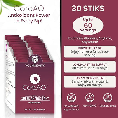 CoreAO Super Antioxidant Immune Support Drink Mix Plus Gift – Ultra Antioxidant Blend with Mangosteen, Grape Seed, Green Tea, Acai, Bilberry & L-Arginine – 30-60 Servings
