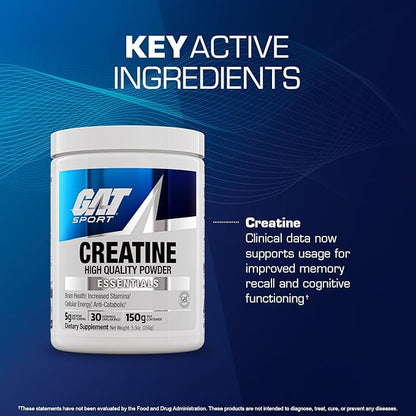 GAT SPORT Creatine Monohydrate Powder, 150 Grams, Strength, Brain Health, GLP1 Support Anti-oxidant, Endurance, for Men & Women, 1 Month Supply, Unflavored (30 Servings)