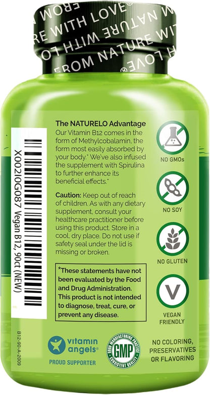 NATURELO Vegan B12 - Methyl B12 with Organic Spirulina - High Potency Vitamin B12 1000 mcg Methylcobalamin - Supports Healthy Mood, Energy, Heart & Eye Health - 90 Capsules (Pack of 2)
