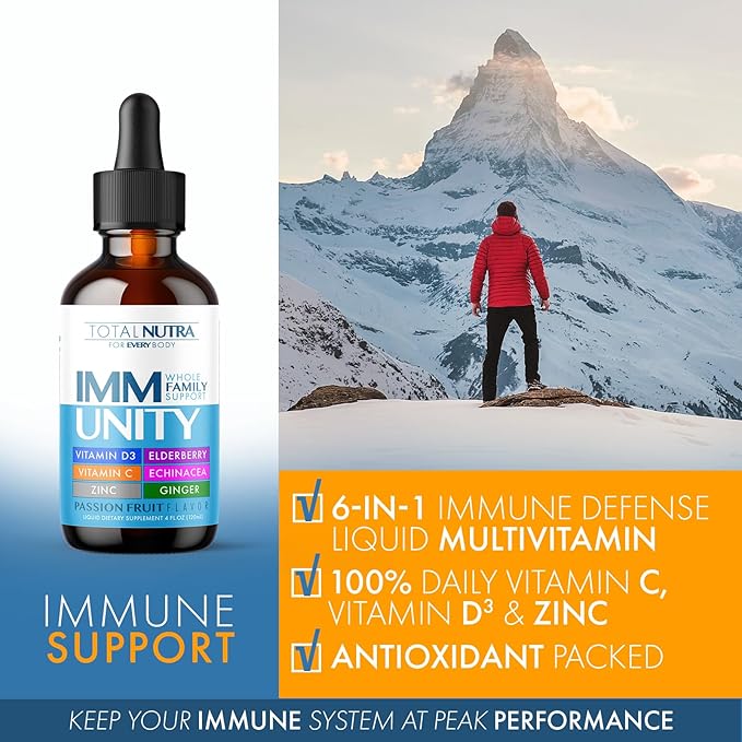 Total Immune 6-in-1 Liquid Multivitamin Supplement | 100% Daily Zinc, Vitamin D3, Vitamin C Immunity Drops Vitamin Liquid | Elderberry, Echinacea, Ginger Support for Adults & Kids | 4 oz Passion Fruit