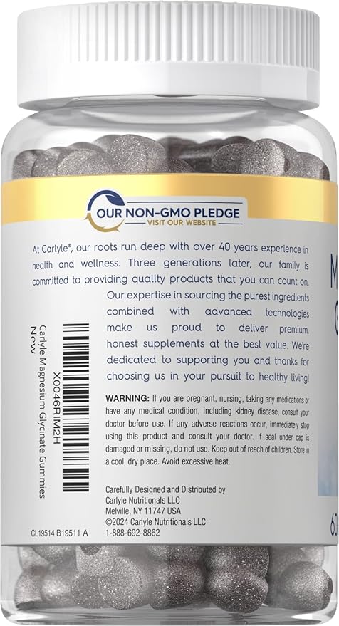 Carlyle Magnesium Glycinate Gummies | 60 Count | Grape Flavor | Vegan, Non-GMO, Gluten Free Supplement