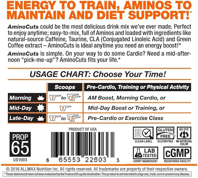 ALLMAX A:CUTS Amino-Charged Energy Drink, Arctic Orange - 210 g - with Caffeine, Green Coffee Extract, L-Carnitine & 2000 mg of Taurine - Sugar & Gluten Free - 30 Servings