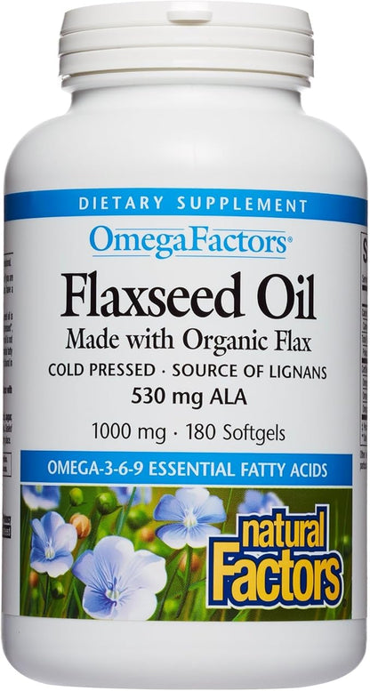Omega Factors by Natural Factors, Flaxseed Oil, Supports Overall Health with Omega-3, 6 and 9 Fatty Acids, 180 softgels (180 servings)