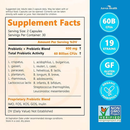 60 Billion Probiotics for Women and Men 19 Strains 5 Organic Prebiotics for Gut Digestive & Immune Health, Supports Diarrhea Gas Bloating, Vegan Probiotic Supplement Formula丨60 Caps