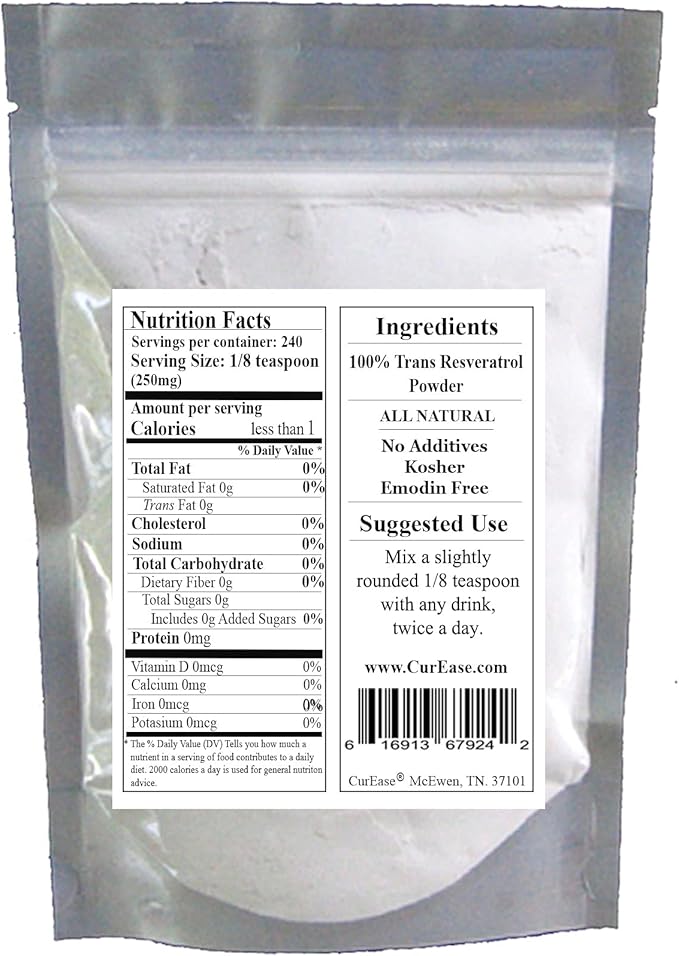 100% Pure Trans Resveratrol Powder 240 Servings 2.1 oz (60 Grams) 250mg Per Servings