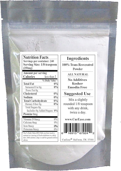 100% Pure Trans Resveratrol Powder 240 Servings 2.1 oz (60 Grams) 250mg Per Servings