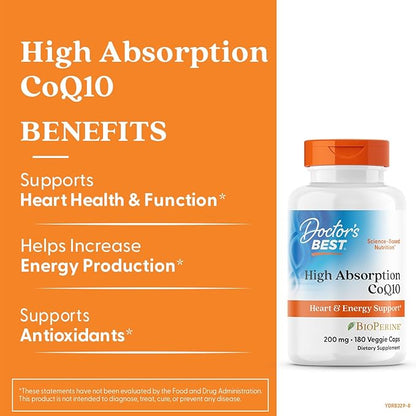 Doctor's Best High Absorption CoQ10, Heart & Energy Support, USP Verified, Naturally Fermented CoQ10, Non-GMO Gluten Free, Soy Free, Vegan 180 Veggie Caps