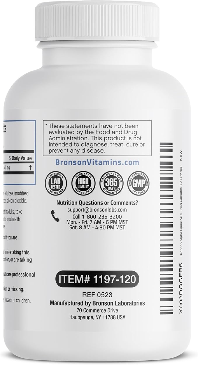 Bronson Alpha Lipoic Acid 600 MG Free Radical Scavenger Supports Antioxidant Health - Non-GMO, 120 Vegetarian Capsules (60 Servings)