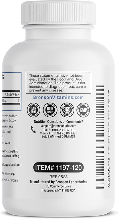 Bronson Alpha Lipoic Acid 600 MG Free Radical Scavenger Supports Antioxidant Health - Non-GMO, 120 Vegetarian Capsules (60 Servings)