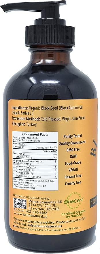 PRIME NATURAL Organic Black Seed Oil 16oz - Cold Pressed Unrefined High Thymoquinone 1.7% USDA Certified - Turkish Origin Potent Nigella Sativa Liquid - Vegan Omega 3 6 9, Antioxidant