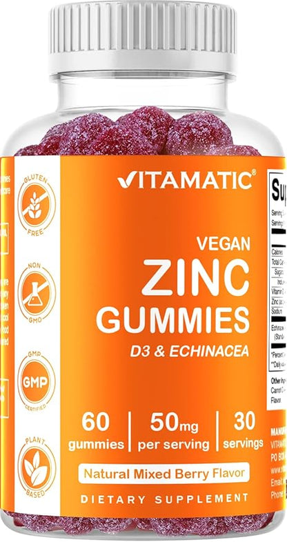 Vitamatic Zinc 50mg Gummies – 60 Vegan Gummies Gluten Free – Healthy Immune Support for Adults, Men & Women