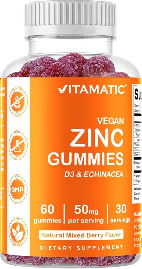 Vitamatic Zinc 50mg Gummies – 60 Vegan Gummies Gluten Free – Healthy Immune Support for Adults, Men & Women
