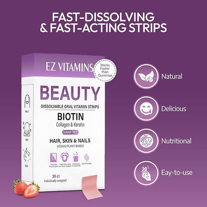 Oral Strips for Hair Growth, Glowing Skin & Strong Nails – Fast-Acting Biotin, Vitamin E, Collagen & Folate Supplement For Men & Women – 2X Faster Results, Strawberry Flavor, 30 Strips | Sugar Free