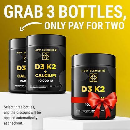 Vitamin D3 K2 Gummies 10000 IU with Calcium 100mg - VIT D3 for Adults - Mk7 Vitamin K2 100mcg - Vitamin D Supplement for Men & Women - Vegan Gluten Free Non-GMO
