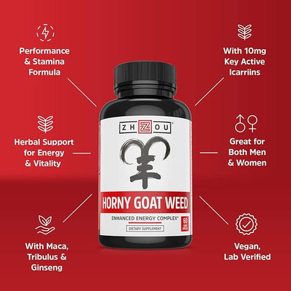 Zhou Horny Goat Weed - Herbal Extract for Men & Women, Supplement with Maca, Tribulus, Tongkat Ali & Ginseng, Maximum Strength for Health & Energy - 60 Veggie Capsules