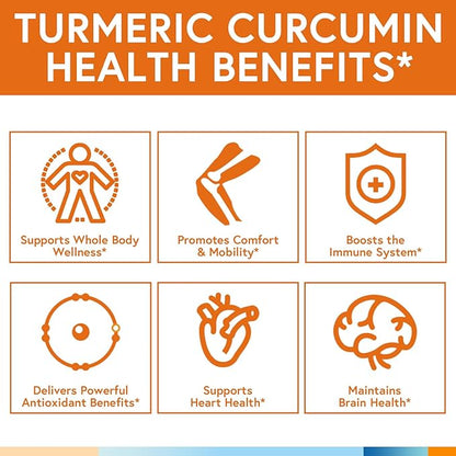 Turmeric Curcumin Supplement 1800mg, with Black Pepper 15mg for Maximum Absorption, 95% Curcuminoids, Mobility & Antioxidant Support, Made in USA, Non-GMO, No Gluten, 90 Vegan Capsules