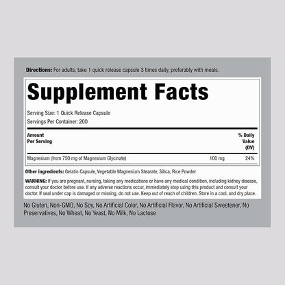 Piping Rock Magnesium Glycinate | 750mg | 200 Capsules | High Absorption | Chelated | Non-GMO and Gluten Free Supplement