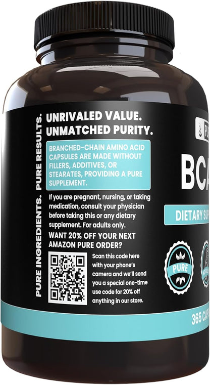 Pure Original Ingredients BCAA No Magnesium Or Rice Fillers, Always Pure, Lab Verified (365 Capsules)