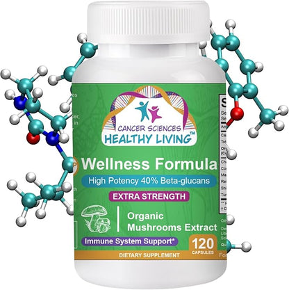 Cancer Sciences Wellness Supplement, USDA Certified Organic Mushrooms Extract, Extra Strength 1,500 mg, High Potency 40% Beta-Glucans, Wellness Formula Capsules for Immune Support, 120 Capsules