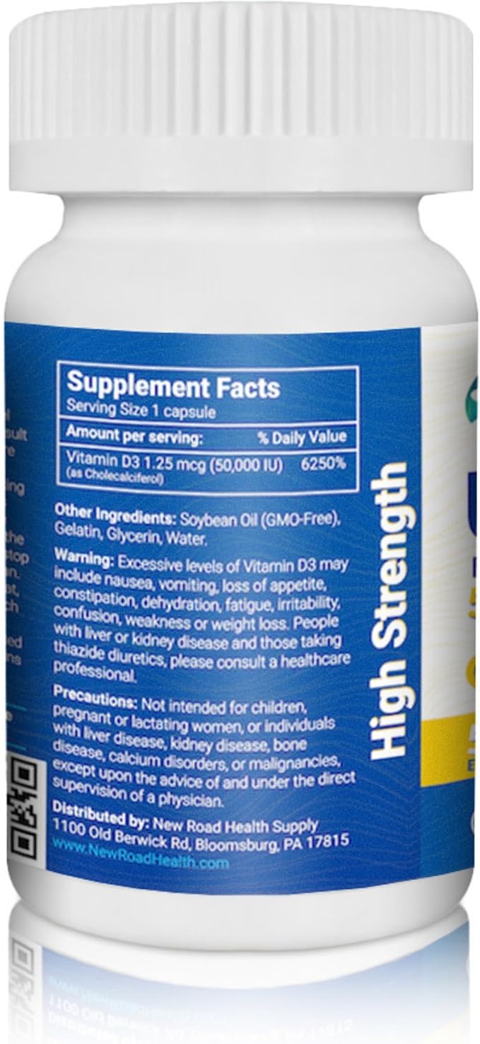 New Road Health Supply - Vitamin D 50000 IU, Once Weekly Dose, Easy to Swallow Vitamin D Softgel for Bones, Teeth, and Immune Support, Gluten Free, 50 Count