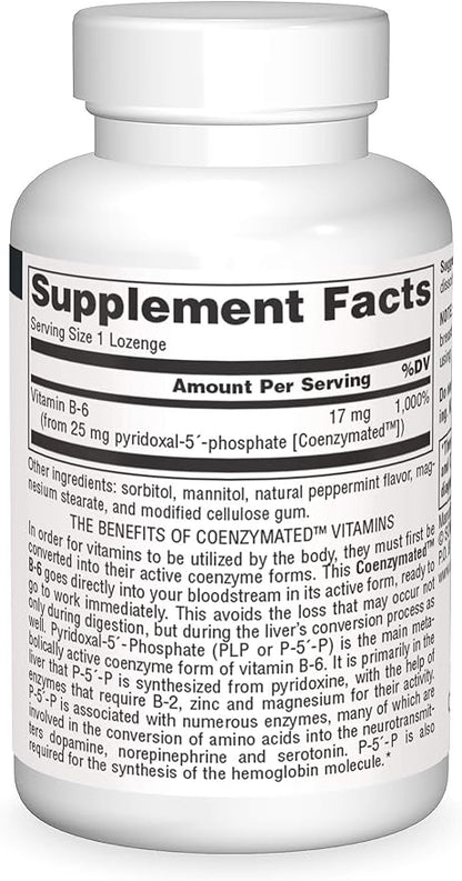 Source Naturals Coenzymated B-6 25mg P-5 Pyridoxal-5 Phosphate Fast-Acting, Quick Dissolve Sublingual Vitamin Supports Amino Acid Metabolism - 30 Lozenges