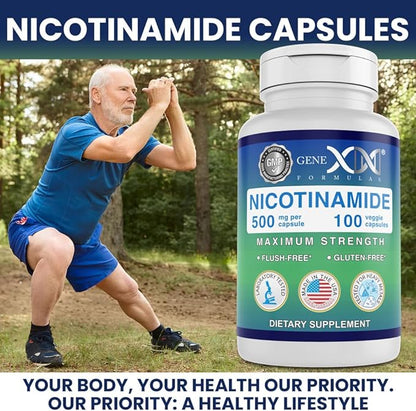 Genex Formulas - Nicotinamide 500mg Vitamin B3 Flush Free Niacin Capsules for Healthy Skin - Niacinamide Supplement Pills Help Produce Keratin & Support Skin Cell Health & Energy - (100 Capsules)
