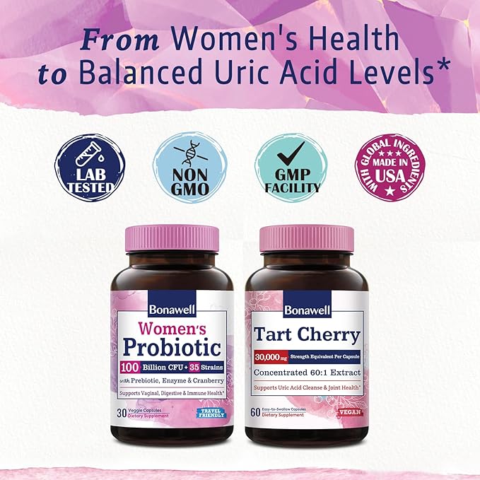 Bonawell Probiotics for Women & Tart Cherry Bundle, Women’s Health, Digestion & Immunity, Uric Acid Control and Cleanse