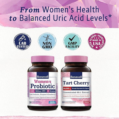 Bonawell Probiotics for Women & Tart Cherry Bundle, Women’s Health, Digestion & Immunity, Uric Acid Control and Cleanse