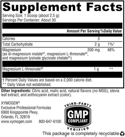 XYMOGEN OptiMag Neuro - Chelated Magnesium Powder - with Magnesium Glycinate & L-Threonate - Support Brain Health & Relaxation - Mixed Berry (30 Servings)