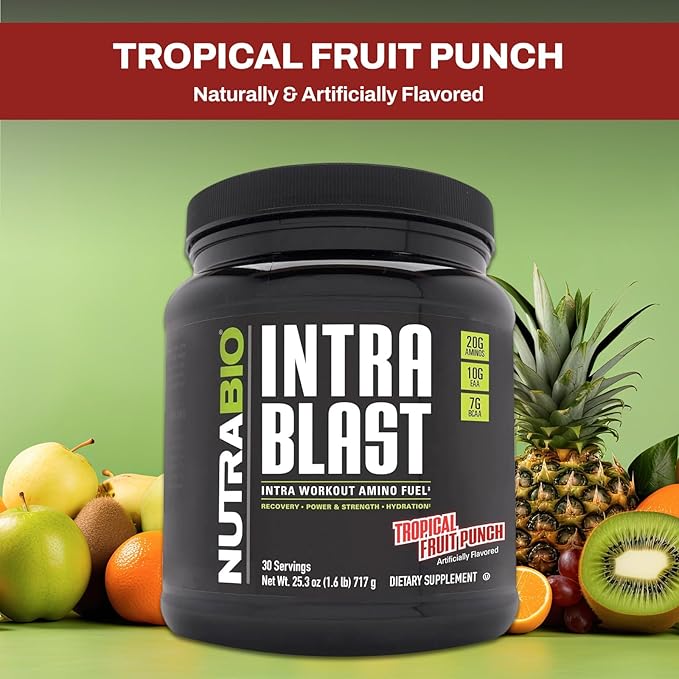 NutraBio Intra Blast Bcaa Powder Amino Acid Supplement, Electrolyte & Hydration Blend, Intra, Pre Workout & Muscle Recovery, 20g Eaa Amino Acids Powder, 5g Glutamine- Tropical Fruit Punch, 30 Serving