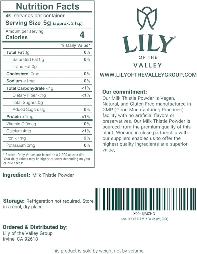 LILY OF THE VALLEY Milk Thistle Powder - Ideal for Smoothies & Juices - Milk Thistle Tea - Rich in Silymarin and Antioxidants - Vegan & Gluten-Free - Packed in Resealable Pouch (8oz, 226g)