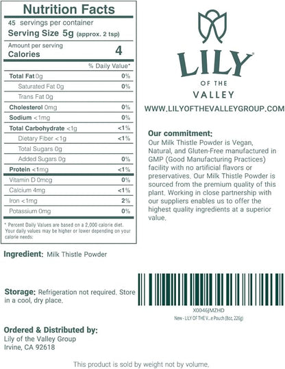 LILY OF THE VALLEY Milk Thistle Powder - Ideal for Smoothies & Juices - Milk Thistle Tea - Rich in Silymarin and Antioxidants - Vegan & Gluten-Free - Packed in Resealable Pouch (8oz, 226g)