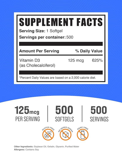 BulkSupplements.com Vitamin D3 5000IU Softgels - Cholecalciferol, D3 Supplement, Vitamin D 5000 IU - 1 Vitamin D3 Softgel (125mcg of Vitamin D) per Serving, 500 Count (Pack of 1)