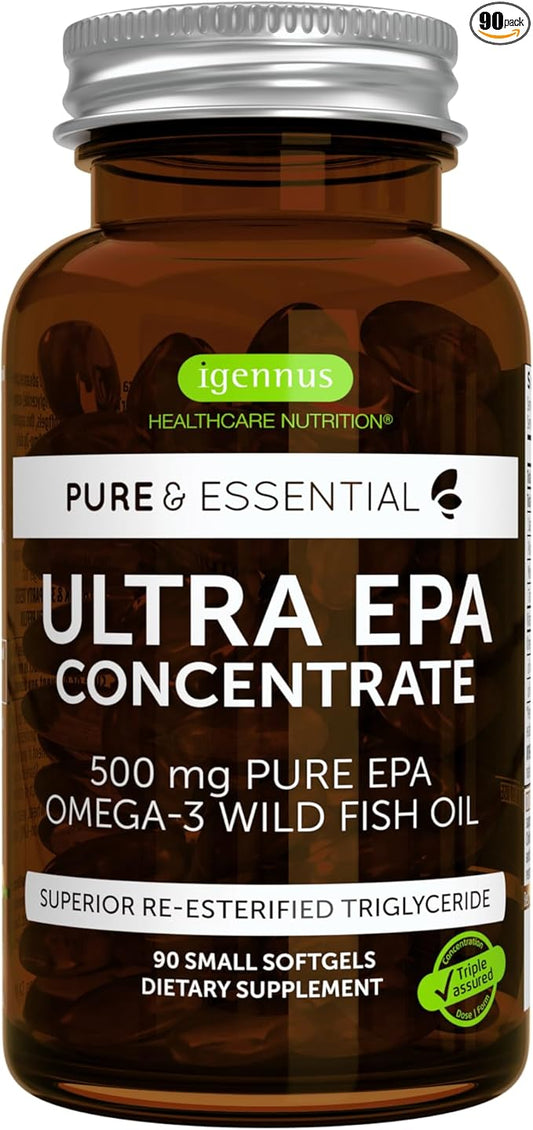 Igennus Ultra Pure Omega-3 EPA 500mg, Highly Concentrated IFOS Certified Wild Fish Oil, Advanced rTG Triglyceride Form, Non-GMO, 90 Small Softgels