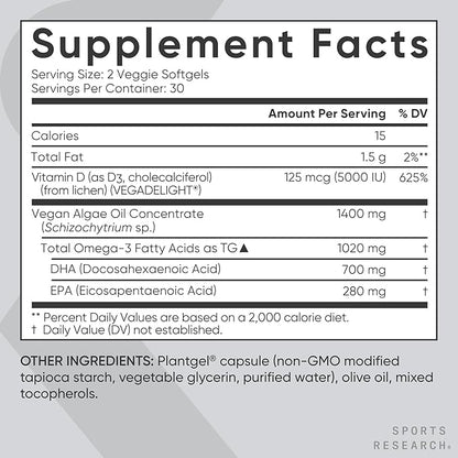 Sports Research® Vegan Omega-3 + Vitamin D3 5000iu (125mcg) - Vegan Certified · Carrageenan Free · Gluten Free - 60 Plantgel® Capsules