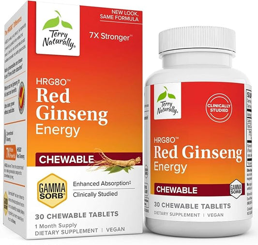 Terry Naturally HRG80 Red Ginseng Energy - Support Healthy Energy & Focus - Herbal Supplement with Korean Red Ginseng Root Powder - Vegan Tablets to Aid Healthy Endurance - 30 Chewable Tablets