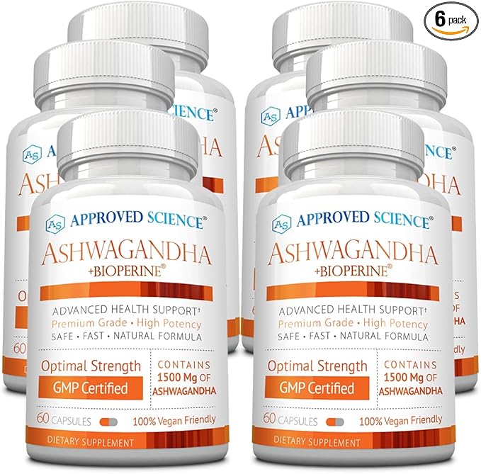 Approved Science Ashwagandha 1500mg with Bioperine® and Ginger- Enhance Memory, Boost Mood & Energy - 60 Vegan Friendly Capsules (6 Bottles)