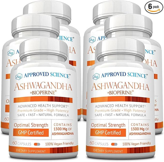 Approved Science Ashwagandha 1500mg with Bioperine® and Ginger- Enhance Memory, Boost Mood & Energy - 60 Vegan Friendly Capsules (6 Bottles)