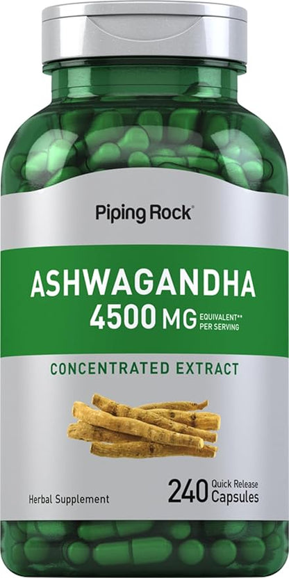 Piping Rock Ashwagandha Supplement 4500mg | 240 Capsules | for Women and Men | Extra Strength Herbal Extract | with Black Pepper | Non-GMO & Gluten Free