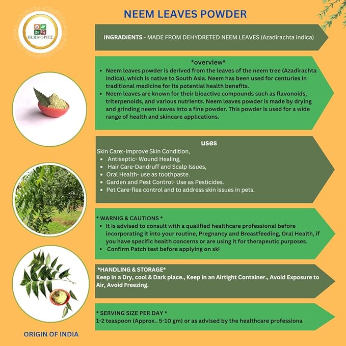 Neem Leaves Powder Certified Organic Non GMO No Added Preservatives or Additives Azadirachta Indica Powder (114 Gram)