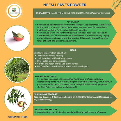 Neem Leaves Powder Certified Organic Non GMO No Added Preservatives or Additives Azadirachta Indica Powder (114 Gram)