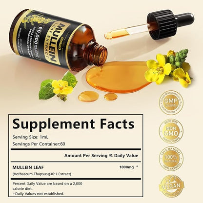 Mullein Drops for Lungs, Natural Mullein Leaf Extract, Respiratory Support & Lung Cleanse Herbal Supplement, 2 fl oz