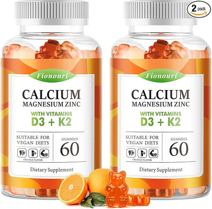 Calcium Magnesium Zinc Gummies with Vitamin D3 & K2 - High Potency Enhanced Absorption -120 Orange Gummies Flavored