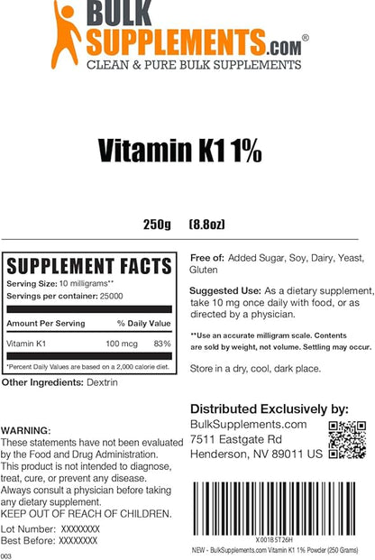 BulkSupplements.com Vitamin K1 Powder - 1%, Vitamin K Supplement, Vitamin K-1 100mcg - Gluten Free, 10mg per Serving, 250g (8.8 oz) (Pack of 1)